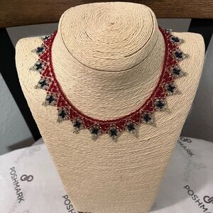 BRAND NEW HANDMADE RED/WHITE (CLEAR)/NAVY BLUE BEADED NECKLACE MADE IN MEXICO